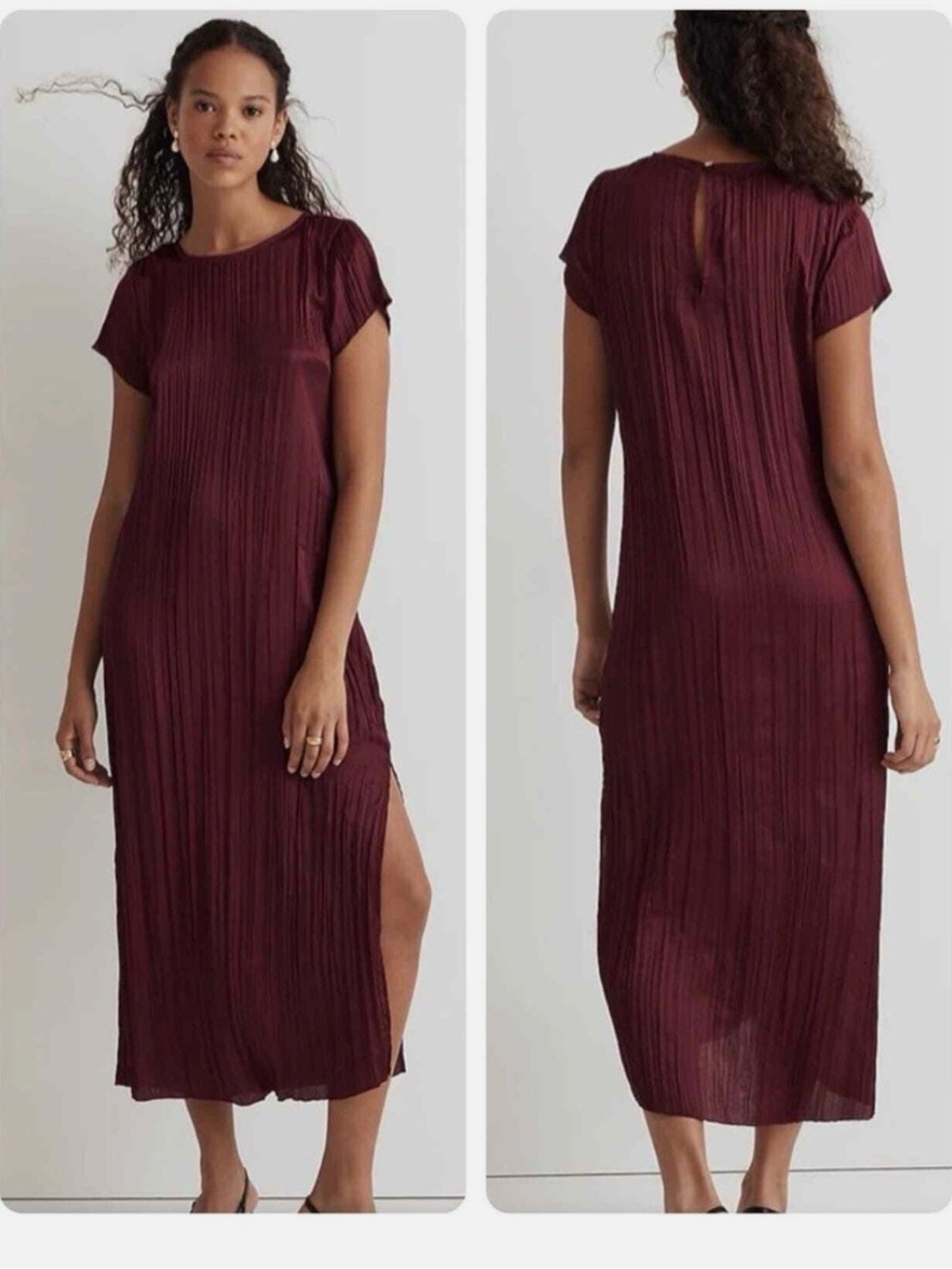Madewell Short-Sleeve Slip Midi Dress in Plissé
